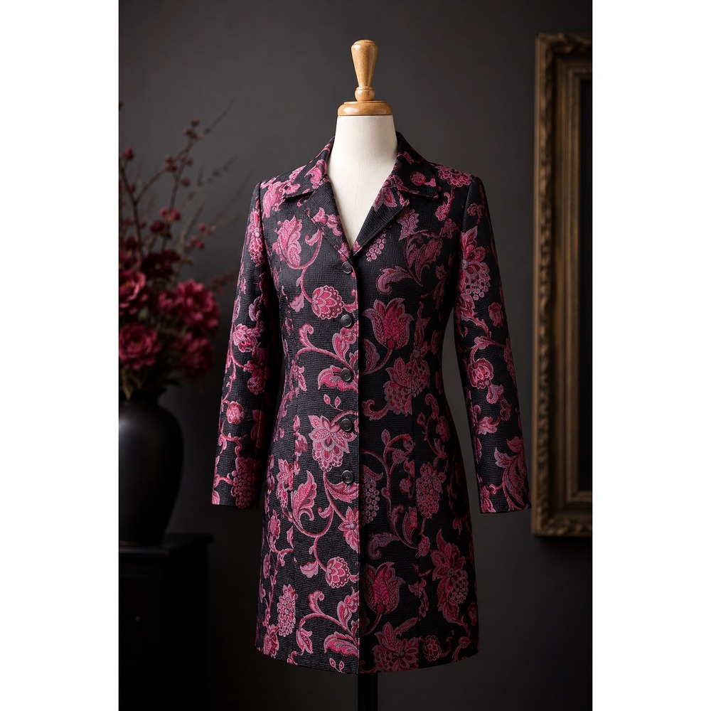 Floral Brocade Longline Jacket Black Pink Tapestry Art‎ To Wear Blazer M